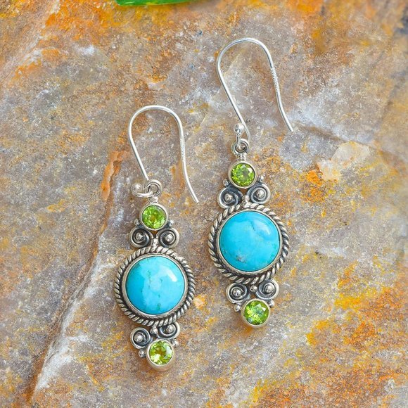 New Gorgeous Turquoise Peridot sterling silver Drop Earrings - Picture 1 of 1